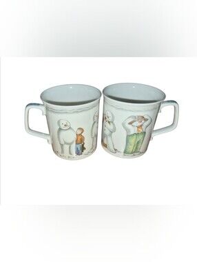 Royal Doulton White Ceramic Snowman Mugs with Pastel Accents - Set of 2